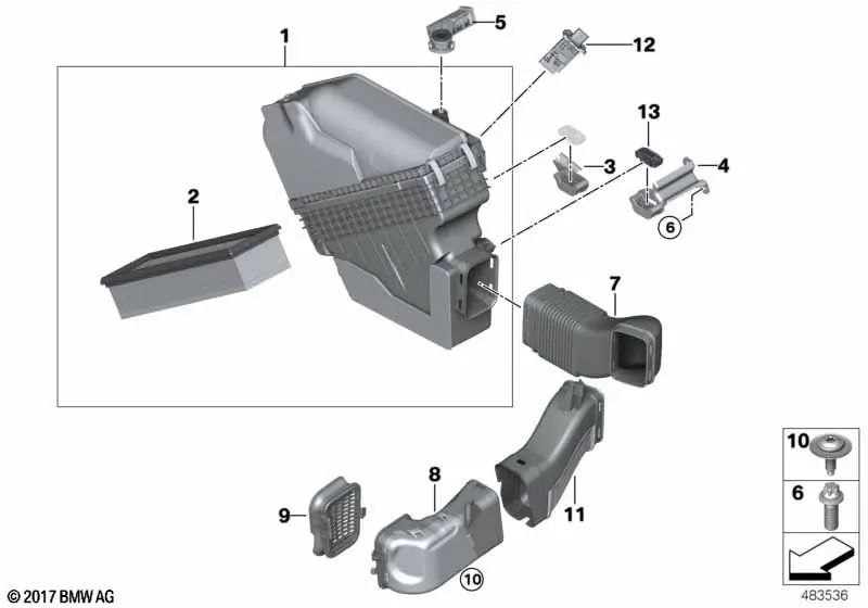 Intake Noise Silencer for BMW 5 Series F10N, F11N, X3 F25, X4 F26, X5 F15 (OEM 13718519138). Original BMW.