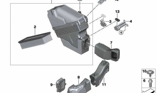 Upper intake silencer bracket OEM 13718519132 for BMW F10, F11, F25, F26, F15. Original BMW.