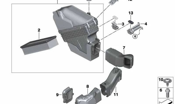 Soporte inferior del silenciador de admisión OEM 13718519131 para BMW F10, F11, F25, F26, F15. Original BMW.