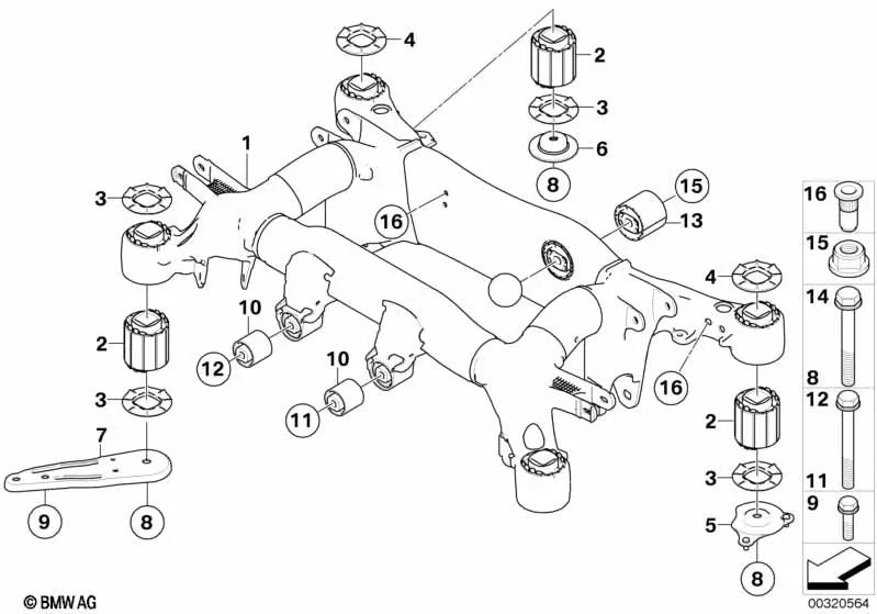 Rechter hinterer Anschlagring für BMW 5er E60, E60N, E61, E61N 6er E63, E63N, E64, E64N (OEM 33316764890). Original BMW