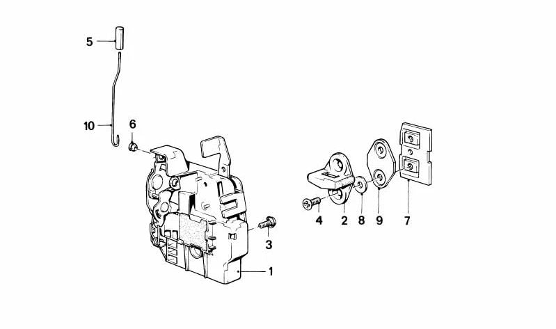 Cerradura de pestillo giratorio delantero izquierdo para BMW E30 (OEM 51211922845). Original BMW