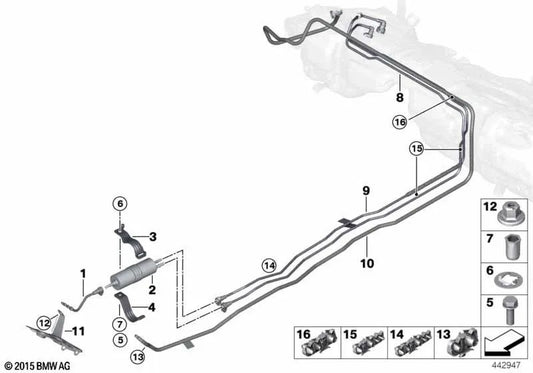 Tubería de suministro de combustible trasera para BMW Serie 3 F34, F34N, Serie 4 F33 (OEM 16127347338). Original BMW.