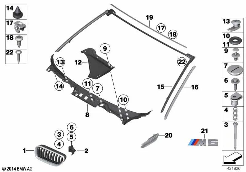 Rejilla decorativa delantera derecha para BMW F06, F12, F12N, F13 (OEM 51137212852). Original BMW.