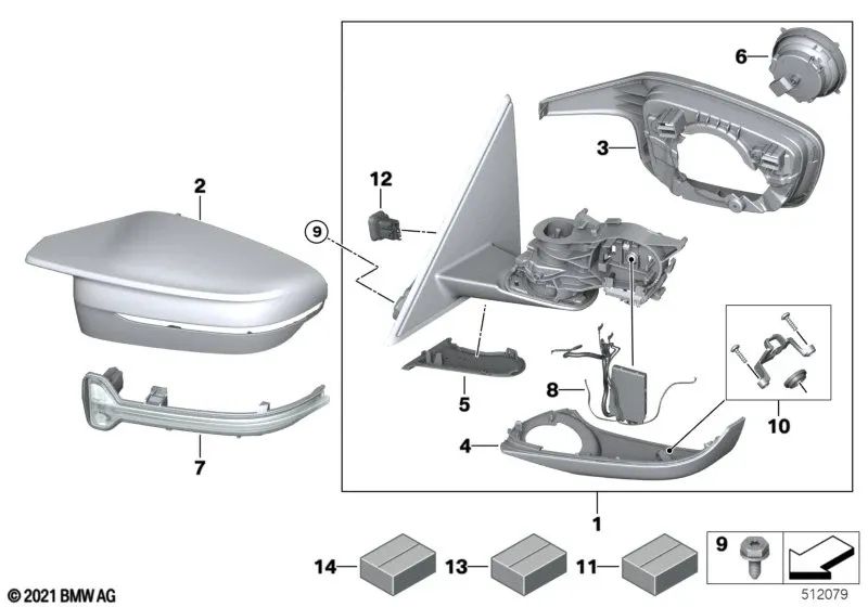 Espejo exterior calefactado con memoria derecho para BMW G82, G83 (OEM 51168084344). Original BMW.