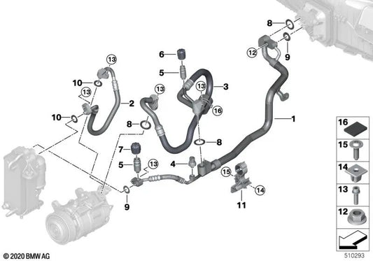 Double pipe coolant pipe for BMW 5 Series G30, G31 7 Series G11, G12 8 Series G14, G15, G16 (OEM 64539324795). Original BMW.