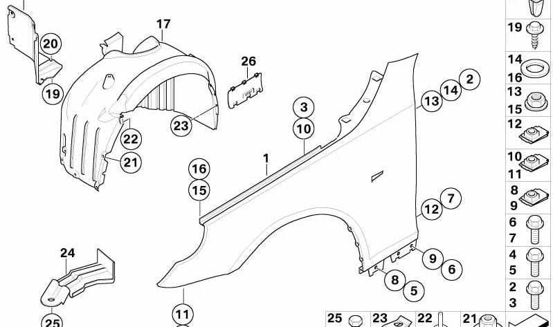 Revestimiento interior delantero derecho para paso de rueda OEM 51717896840 para BMW E60, E61 (Serie 5). Original BMW.