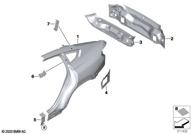 Linke C-Säulen-Verstärkungsplatte für BMW X6 F96, G06 (OEM 41009492937). Original BMW