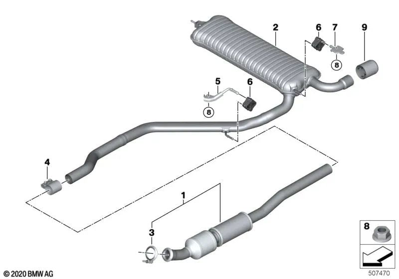 Soporte Silenciador Trasero Derecho para BMW F45, F45N, F48N, F49, F49N, F39 (OEM 18308645486). Original BMW