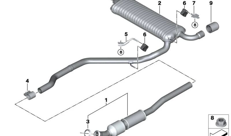 Rear Left Silencer Bracket for BMW 2 Series F45, F45N, X1 F48N, F49, F49N, X2 F39, MINI F60, F60N (OEM 18308645487). Original BMW.