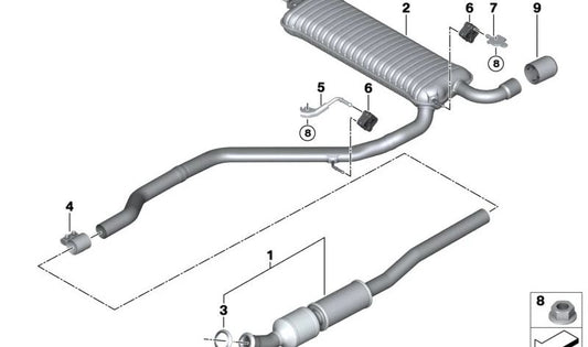 Soporte del Silenciador Trasero Izquierdo para BMW Serie 2 F45, F45N, X1 F48N, F49, F49N, X2 F39, MINI F60, F60N (OEM 18308645487). Original BMW.