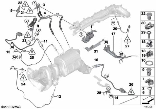 Exhaust Pressure Pipe for BMW E90N, E91N, E92, E92N, E93, E93N, F30, F30N, F31, F31N, F34, F34N, F32, F32N, F33, F33N, F36, F36N, F07, F10, F11, F06, F12, F13, F01N, , F02, F02N, F25, F26, E70N, F15, E71, F16 (OEM 13627812807). Genuine BMW.