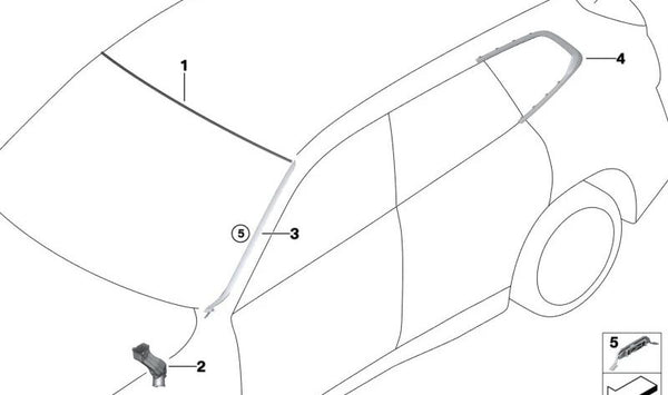 Moldura de la ventanilla lateral trasera izquierda para BMW U11, U12 (OEM 51379451563). Original BMW