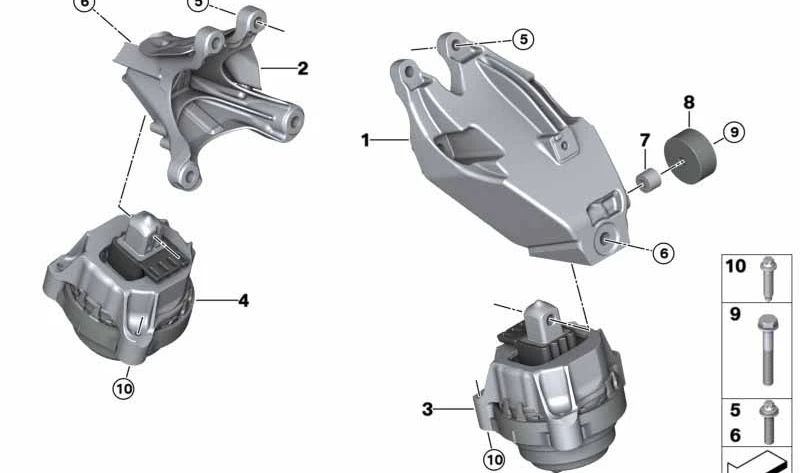 Soporte motor izquierdo OEM 22119488383 para BMW G30, G31, G38, G32, G12, G01. Original BMW.