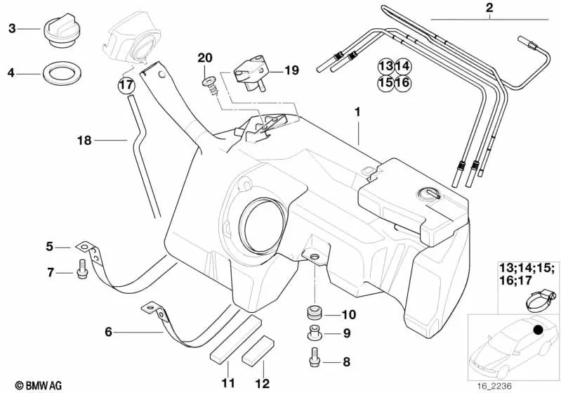 Depósito de combustible de plástico con tubo de llenado para BMW E46, F30, F80 (OEM 16111184218). Original BMW.