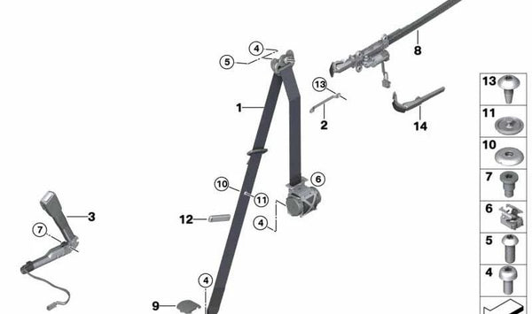 Tensador del cinturón de seguridad derecho OEM 72117307916 para BMW F87, F32, F82. Original BMW.