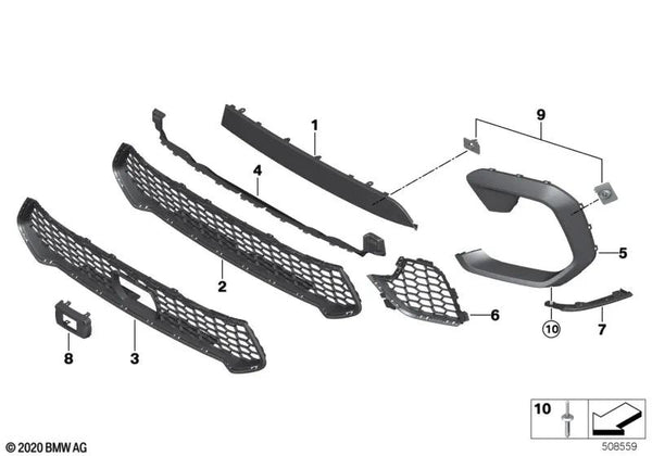 Espiga de rejilla lateral derecha para BMW F96 (OEM 51118081638). Original BMW