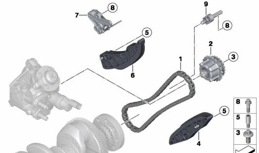 Cadena para BMW Serie 1 F20N, F21N, F40, Serie 2 F22, F23, F44, F45, F46, G42, Serie 3 F30, F31, F34, G20, G21, G28, Serie 4 F32, F33, F36, G22, G23, G26, Serie 5 F11N, G30, G31, Serie 6 G32, Serie 7 G11, G12, X1 F48, X2 F39, X3 F25, G01, X4 F26, G02, X5