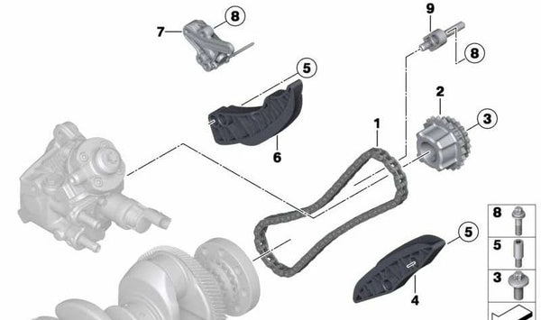 Cadena para BMW Serie 1 F20N, F21N, F40, Serie 2 F22, F23, F44, F45, F46, G42, Serie 3 F30, F31, F34, G20, G21, G28, Serie 4 F32, F33, F36, G22, G23, G26, Serie 5 F11N, G30, G31, Serie 6 G32, Serie 7 G11, G12, X1 F48, X2 F39, X3 F25, G01, X4 F26, G02, X5