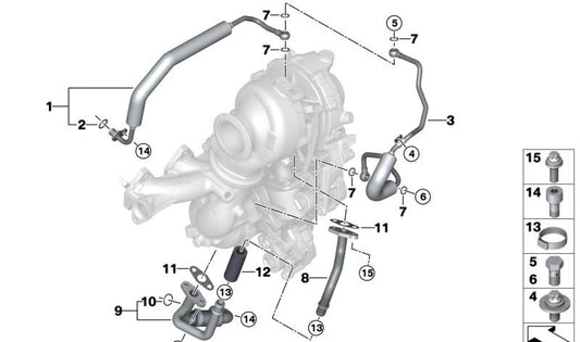 Exhaust Turbocharger Oil Return Pipe for BMW X1 F48N, X2 F39 (OEM 11428580010). Original BMW