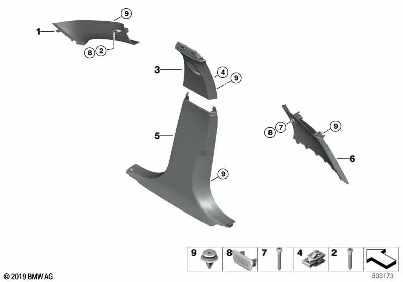 Faldón del pilar B inferior derecho para BMW Serie 1 F40 (OEM 51437462690). Original BMW