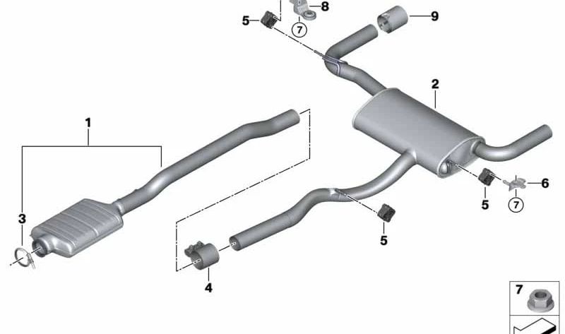 Silenciador trasero para BMW F46N (OEM 18308593691). Original BMW