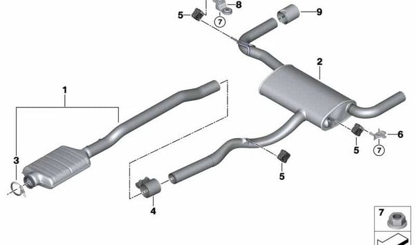 Silenciador trasero para BMW F46N (OEM 18308593691). Original BMW