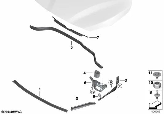 Right Front Hood Seal Bracket for BMW F45, F46 (OEM 51767300520). Genuine BMW