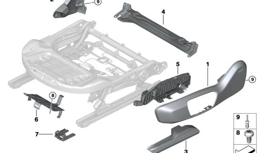 Rechte Sitzschienenabdeckung für BMW 1er F40, F52, 2er F44, F45, F46, X1 F48, F49, X2 F39, Z4 G29, MINI F54, F55, F57, F60 (OEM 52107351930). Original BMW