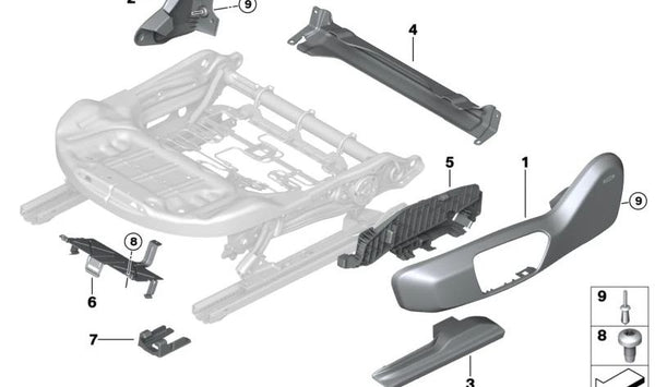 Cubierta carril del asiento derecha para BMW Serie 1 F40, F52, Serie 2 F44, F45, F46, X1 F48, F49, X2 F39, Z4 G29, MINI F54, F55, F57, F60 (OEM 52107351930). Original BMW