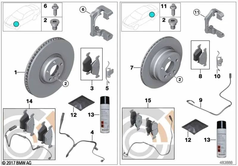 Brake pad set with brake pad wear sensor for BMW F07, F07N (OEM 34212449286). Original BMW.