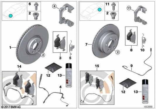 Brake pad set with brake pad wear sensor for BMW F07, F07N (OEM 34212449286). Original BMW.