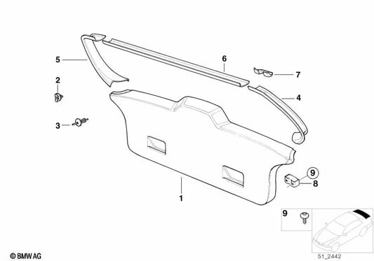 Revestimiento inferior del portón trasero para BMW Serie 3 E36 (OEM 51498191253). Original BMW.