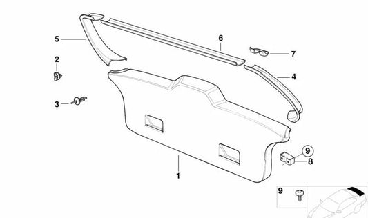 Upper Trunk Lid Liner for BMW 3 Series E36 (OEM 51498191256). Original BMW.