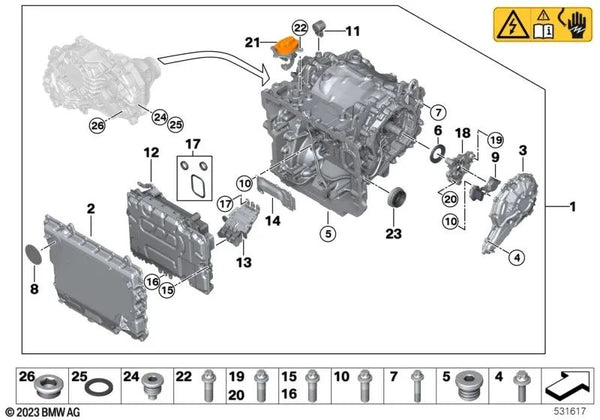 Tapa de Electrónica de Máquinas Eléctricas para BMW G60, G70, I20 (OEM 12379897153). Original BMW.