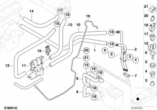 Double Tube Hose-Water Valve for BMW 5 Series E39 (OEM 64216906358). Original BMW