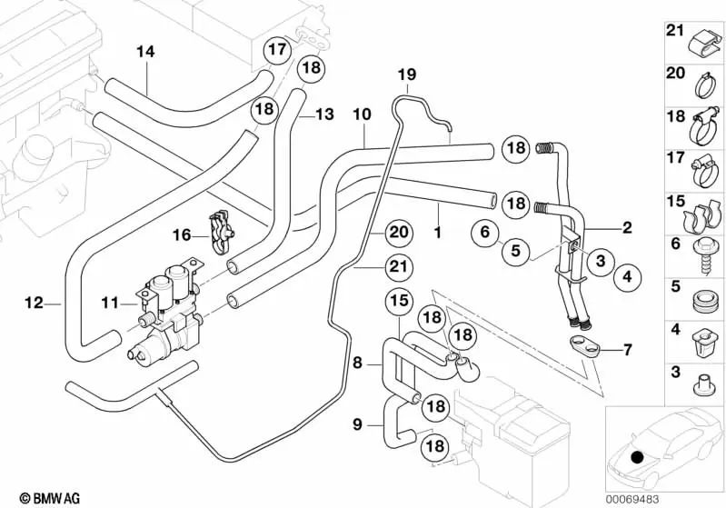 Engine to radiator return hose for BMW E39 (OEM 64218378953). Original BMW