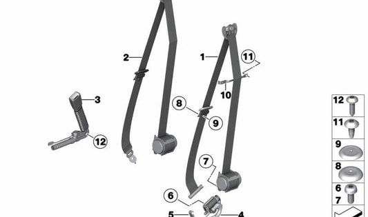 Cinturón de seguridad delantero derecho OEM 72119164056 para BMW F01, F02, F04. Original BMW.