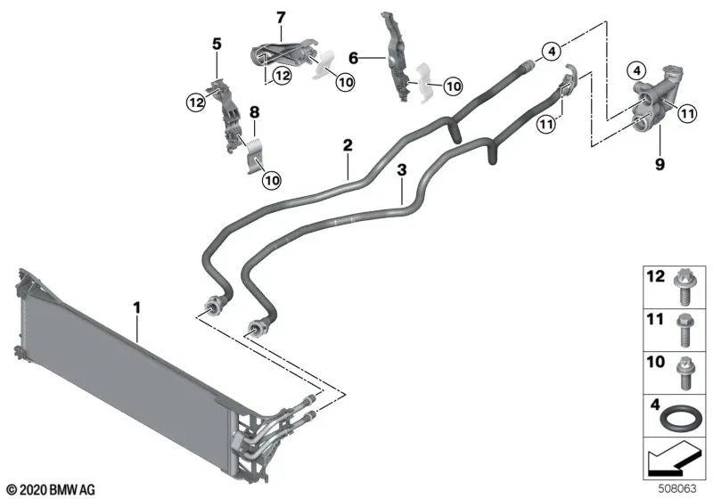 Tubería de radiador de aceite de transmisión para BMW X5 G05, G18, X6 G06, X7 G07 (OEM 17229456096). Original BMW.