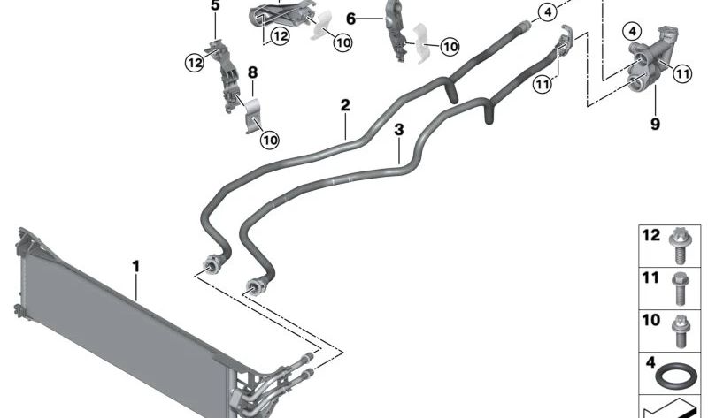 Tubería de retorno del enfriador de aceite de la caja de cambios OEM 17228834096 para BMW G05, G06, G07. Original BMW.