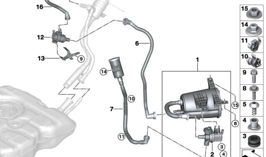 Válvula de cierre del tanque para BMW Serie 5 G30, G38 (OEM 16137485834). Original BMW.