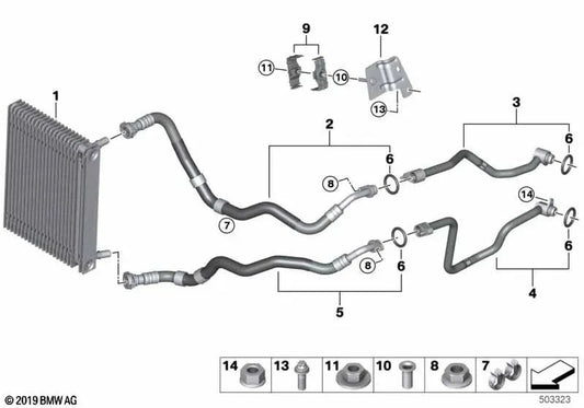 Engine Oil Cooler Pipe Forward for BMW F95, F96 (OEM 17228097222). Original BMW.