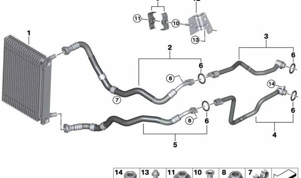 Tubería de retorno del radiador de aceite OEM 17228094807 para BMW F90, F91, F92, F93, F95, F96. Original BMW