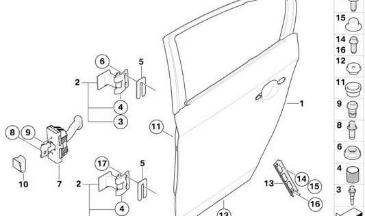 Bisagra de puerta trasera inferior izquierda para BMW E87, E87N (OEM 41527132347). Original BMW