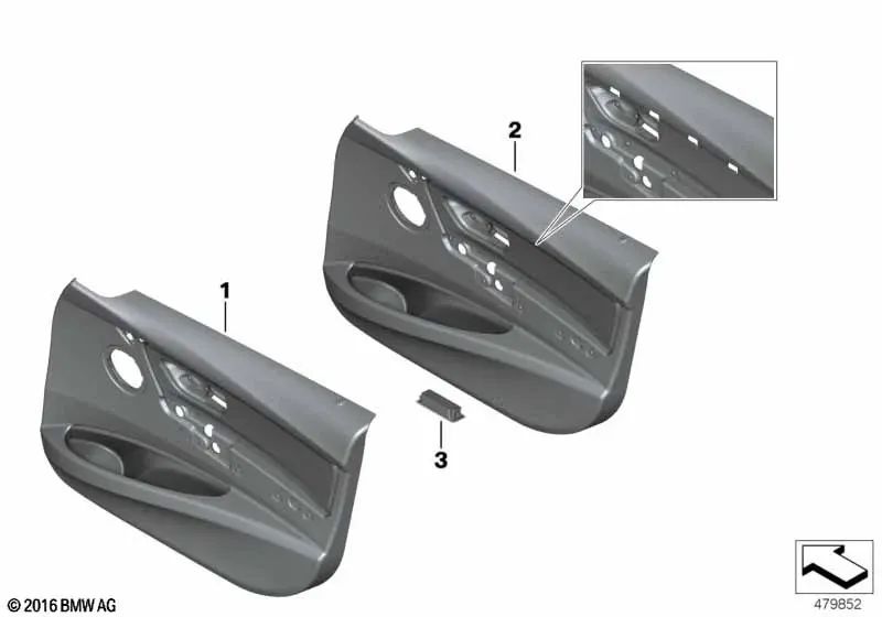 Revestimiento de puerta tela delantero izquierdo para BMW F30, F31 (OEM 51417279185). Original BMW.