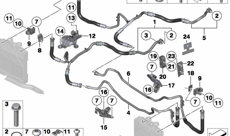 Soporte de la línea del radiador de aceite OEM 17227586896 para BMW F01, F02. Original BMW.