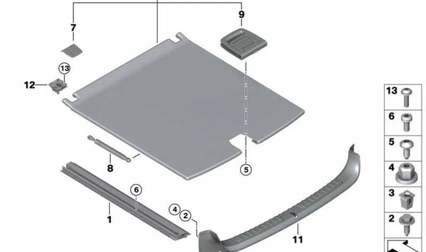 Revestimiento derecho del suelo del maletero OEM 51477253826 para BMW F85, E71, E72, F16. Original BMW.