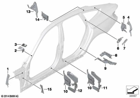 Pieza moldeada del pilar B exterior delantero derecho para BMW F36, F36N (OEM 41007319546). Original BMW