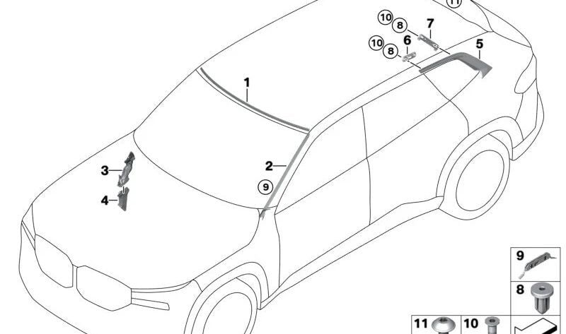 Canal de drenaje de agua superior derecho OEM 51717434889 para BMW G05, G18, F95, G06, F96, G07. Original BMW.