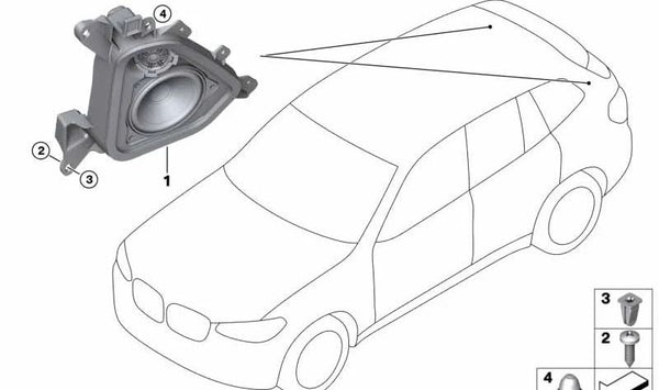 Soporte de altavoz pilar D derecho para BMW X3 F97, G01, G08, X4 F98 (OEM 65139837732). Original BMW