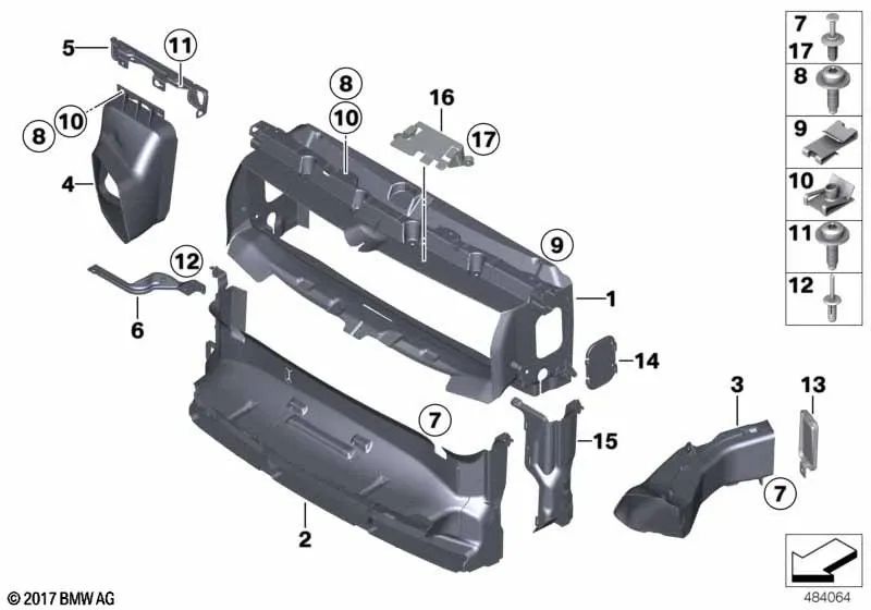 Soporte radiador adicional inferior derecho para BMW F20, F21, F22, F23, F30, F31, F34, F35, F32, F33, F36 (OEM 51647266324). Original BMW.